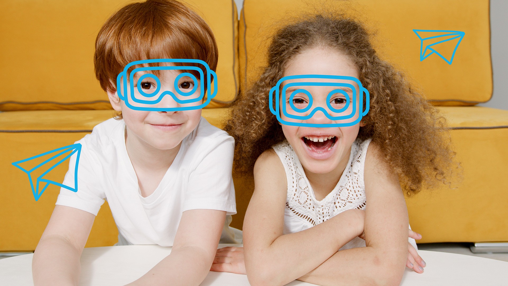 Two children wearing BeeVee vision therapy headsets