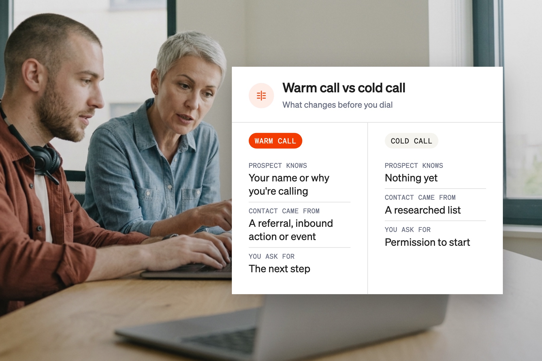 Comparison card showing what the prospect knows, where the contact came from and what you ask for on a warm call versus a cold call
