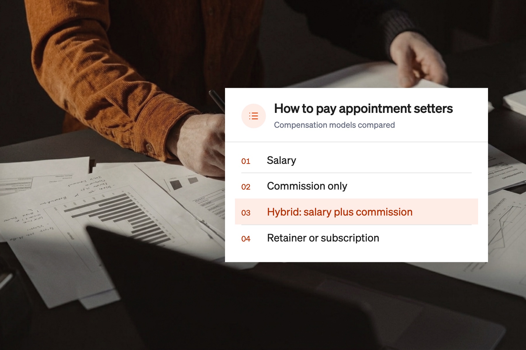 Card listing four appointment setter compensation models: salary, commission only, hybrid and retainer, with hybrid highlighted