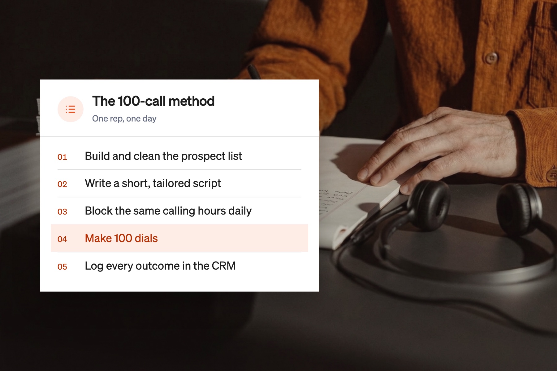 Card listing the steps of the 100-call method, with making 100 dials highlighted
