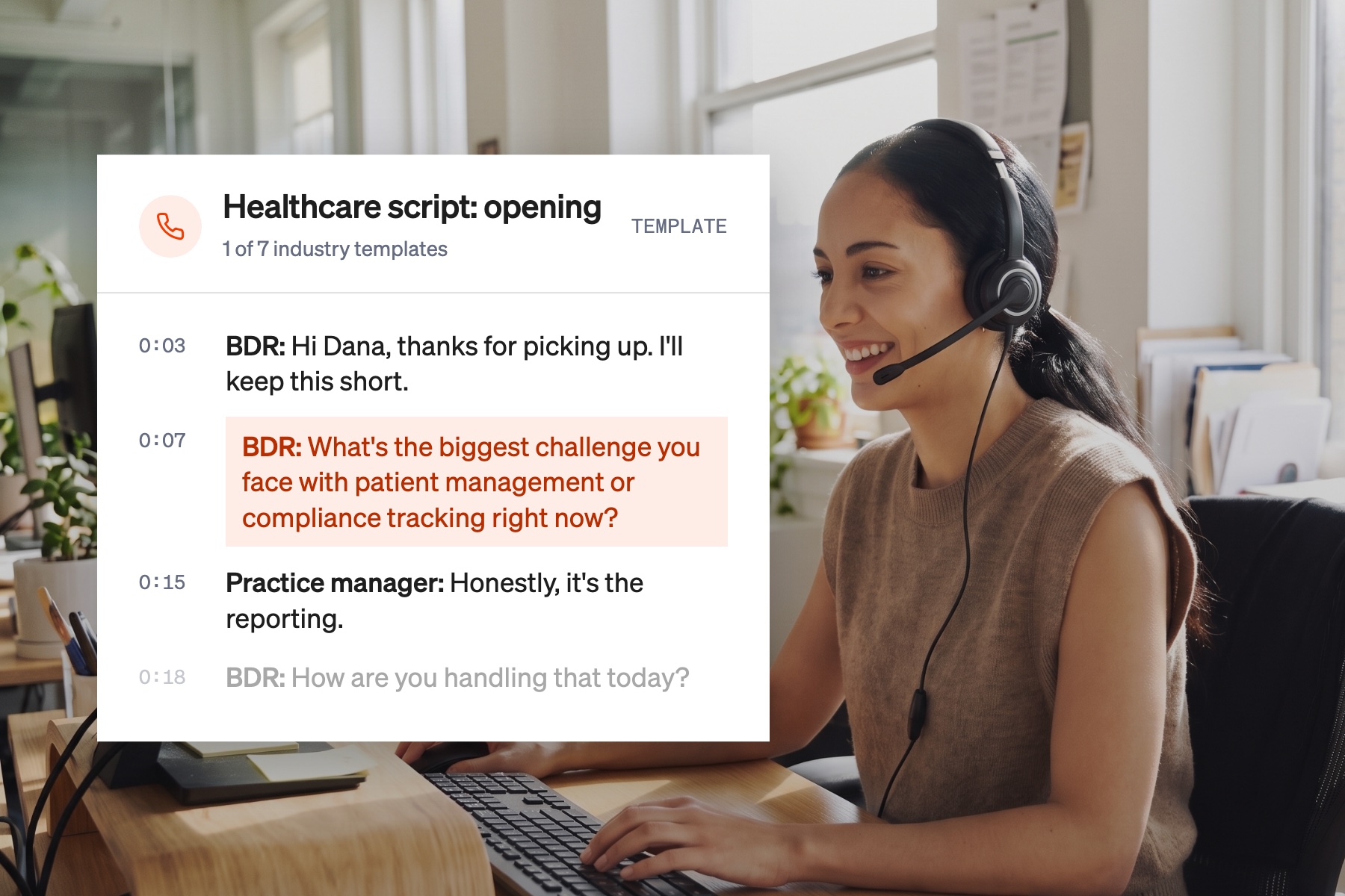 Call transcript card showing the opening of a healthcare appointment setting script with a qualifying question highlighted