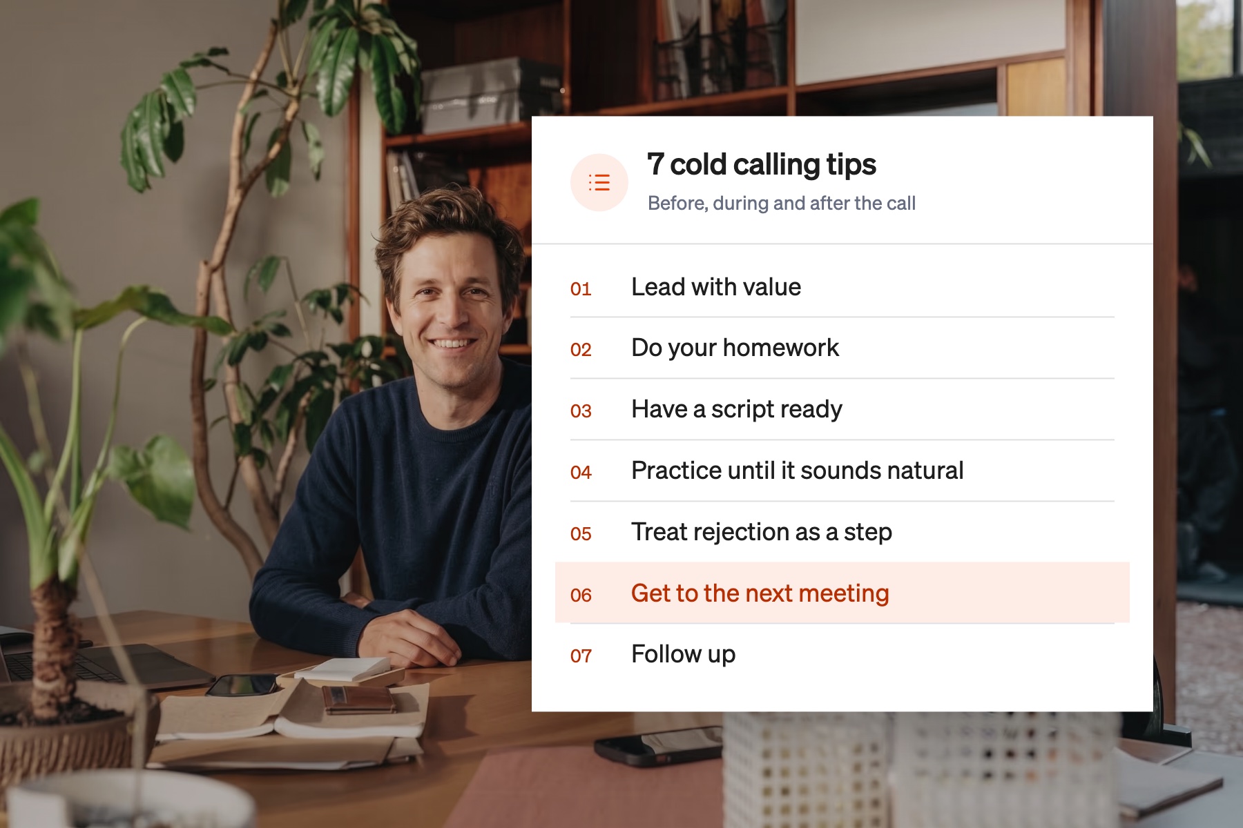 Card listing seven cold calling tips, with getting to the next meeting highlighted