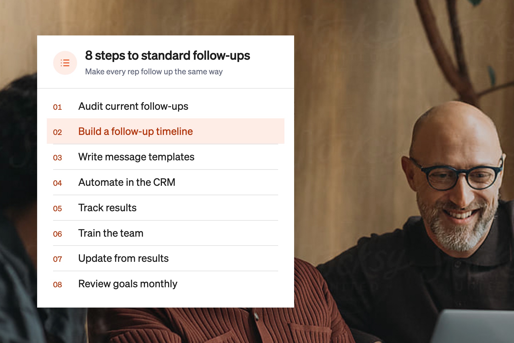 Card listing eight steps to standardize sales follow-ups, with building a follow-up timeline highlighted