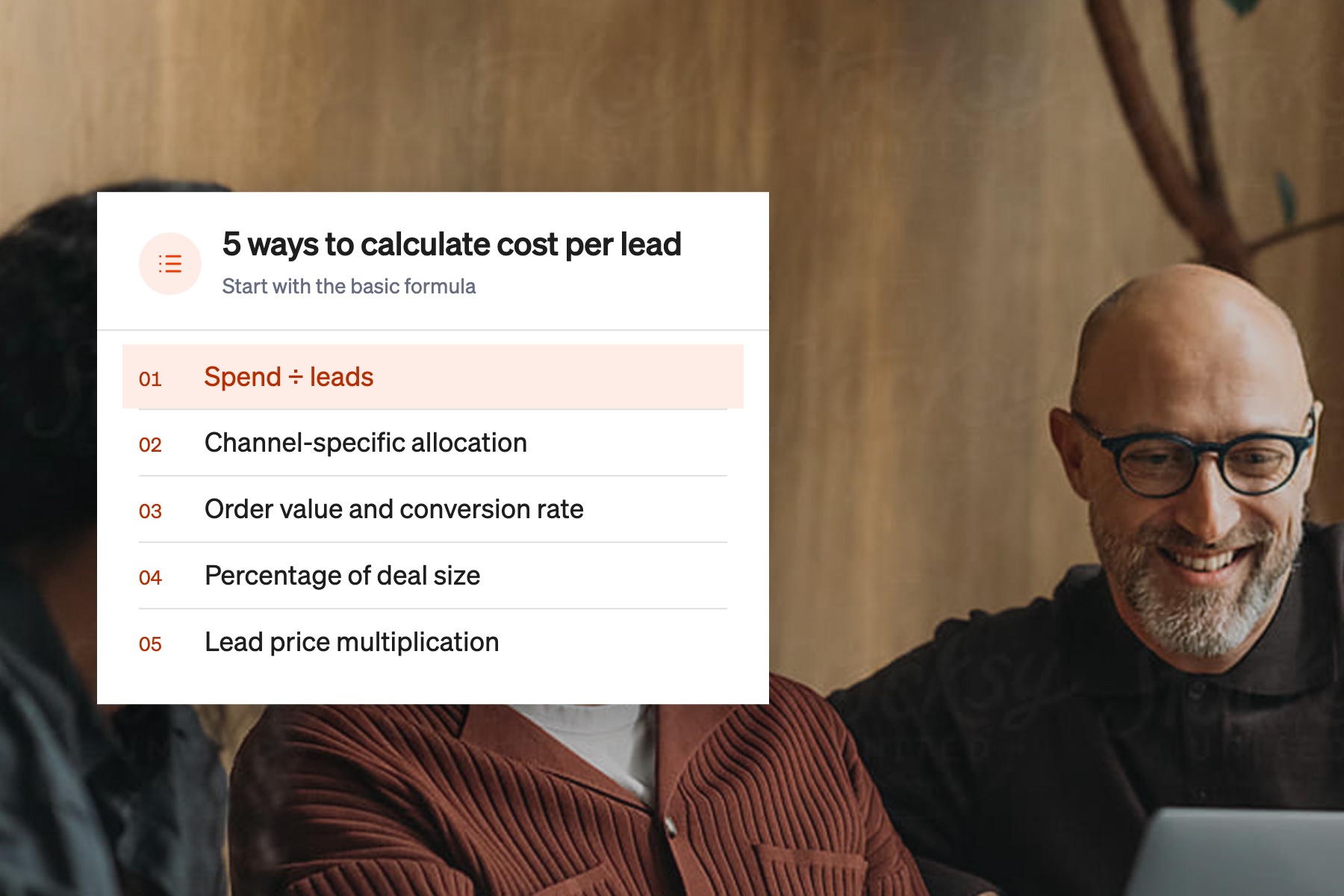 Card listing five methods to calculate cost per lead, with the basic formula of spend divided by leads highlighted