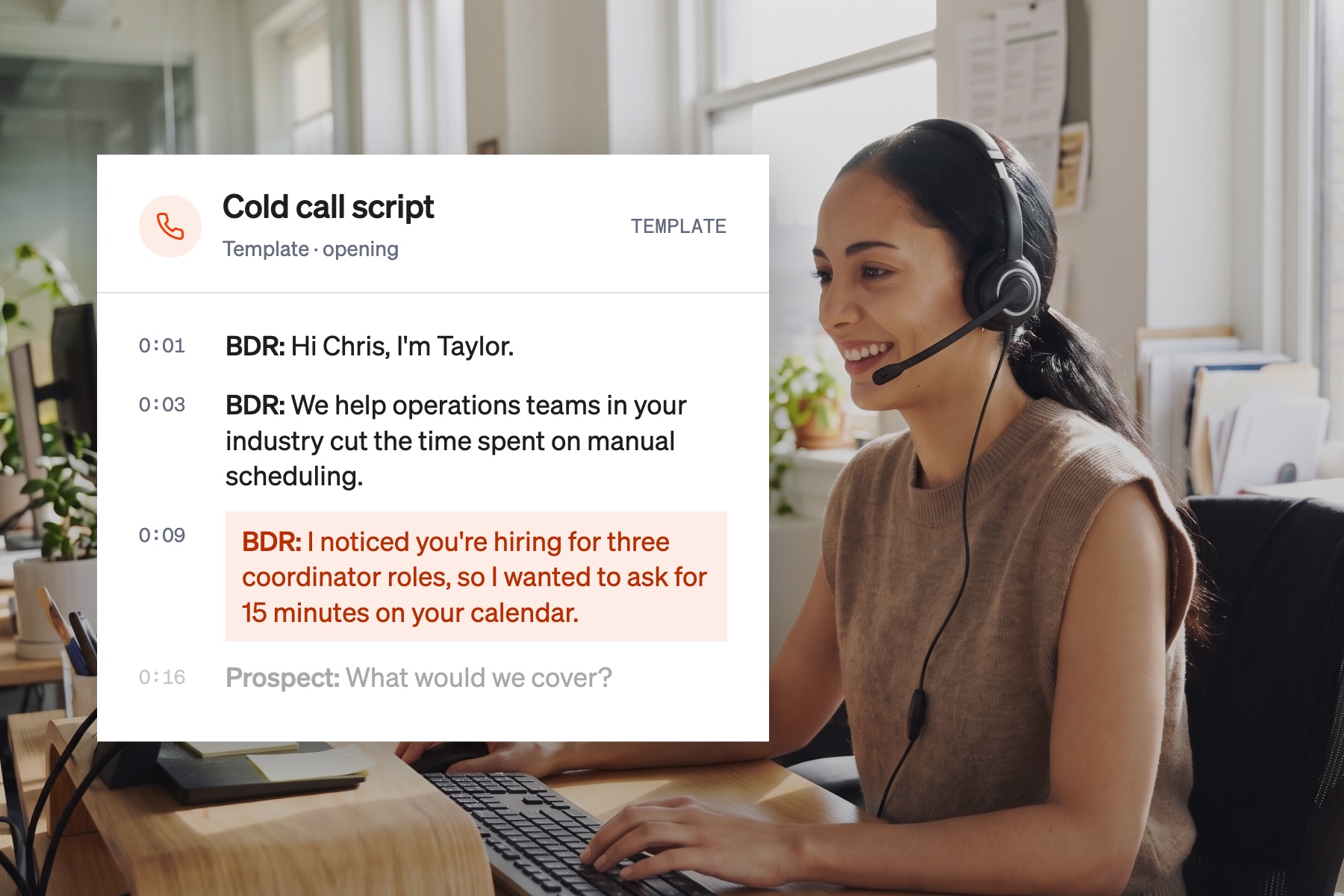 Call transcript card showing a cold call script template that ties the request for a meeting to a trigger the caller noticed