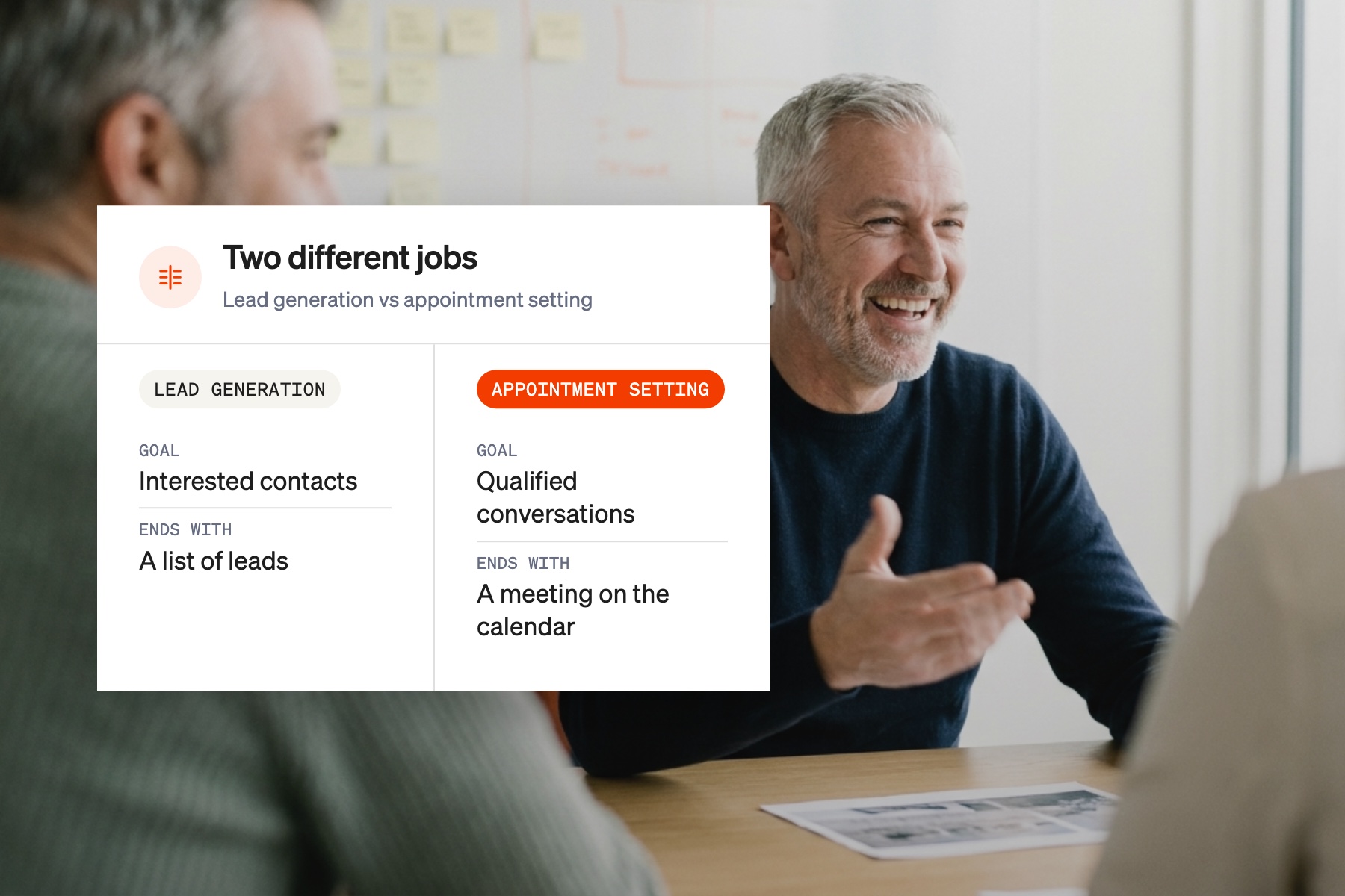 Comparison card showing how lead generation and appointment setting differ in goal and end result