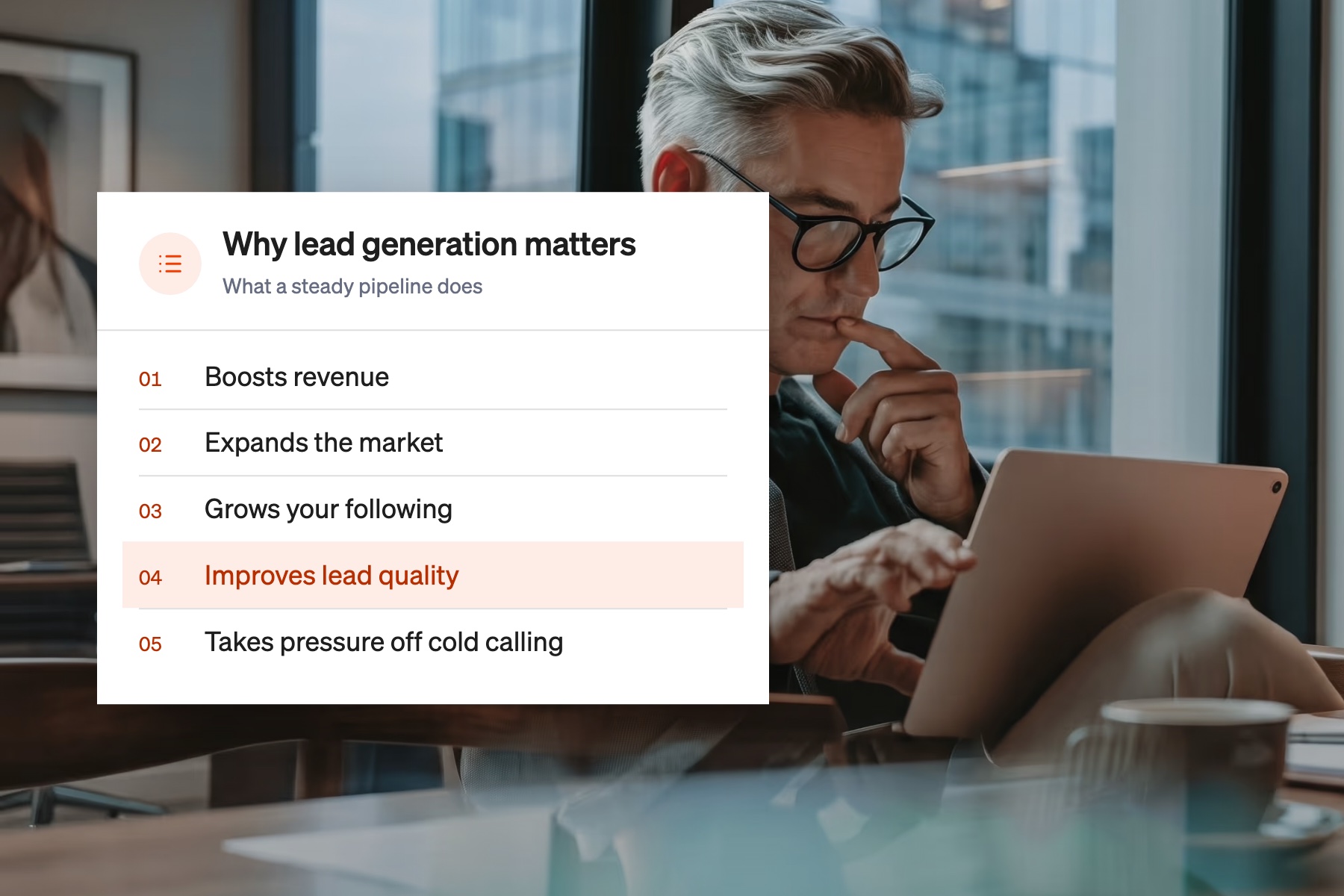 Card listing five reasons lead generation matters, with improving lead quality highlighted