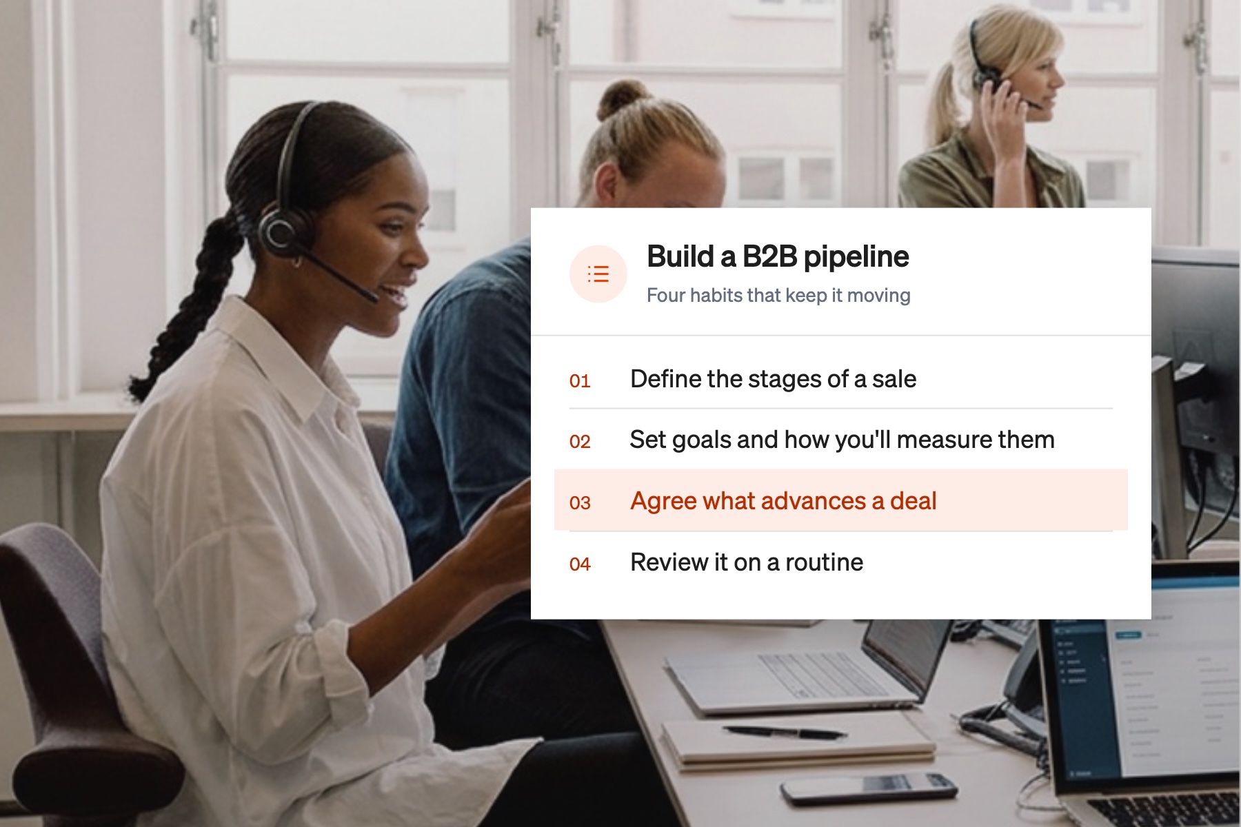Card listing four steps to build a B2B sales pipeline, with agreeing what advances a deal highlighted