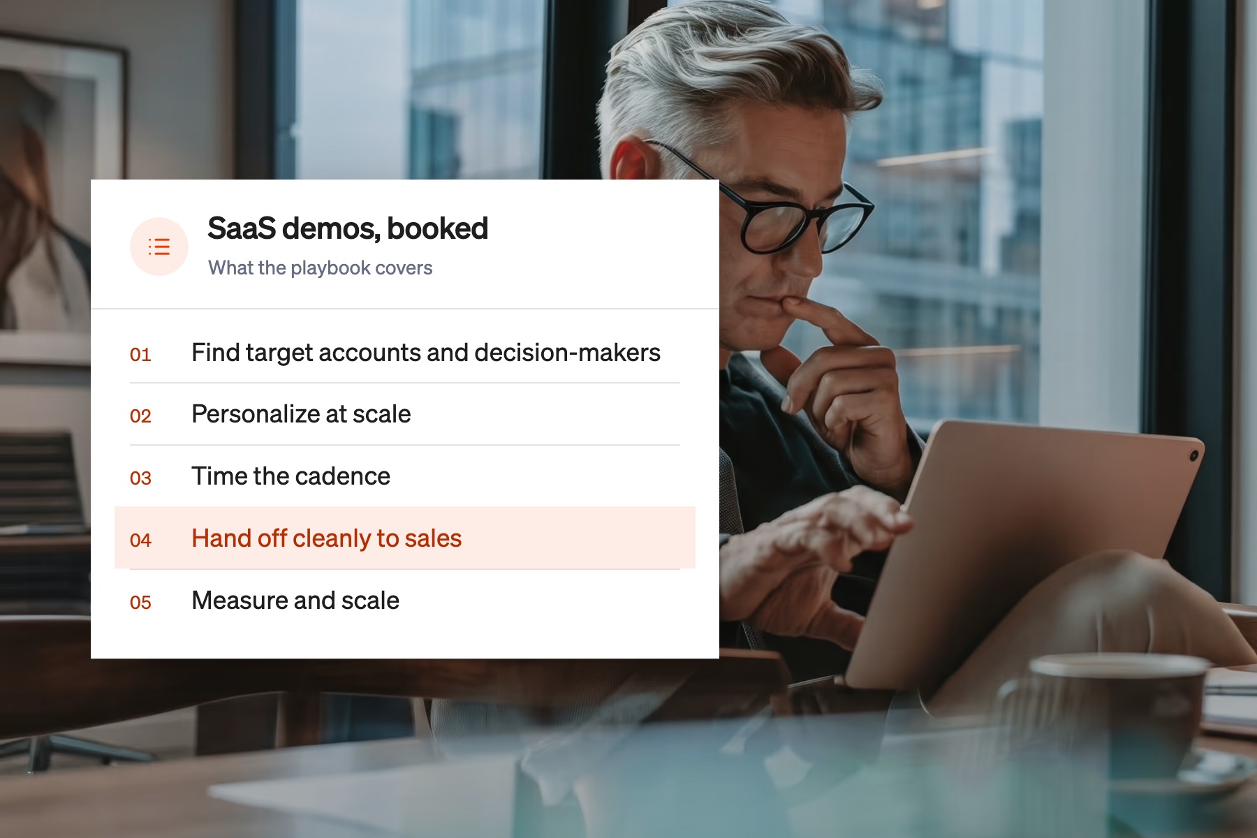 Card listing the parts of a SaaS appointment setting playbook, with a clean handoff to sales highlighted