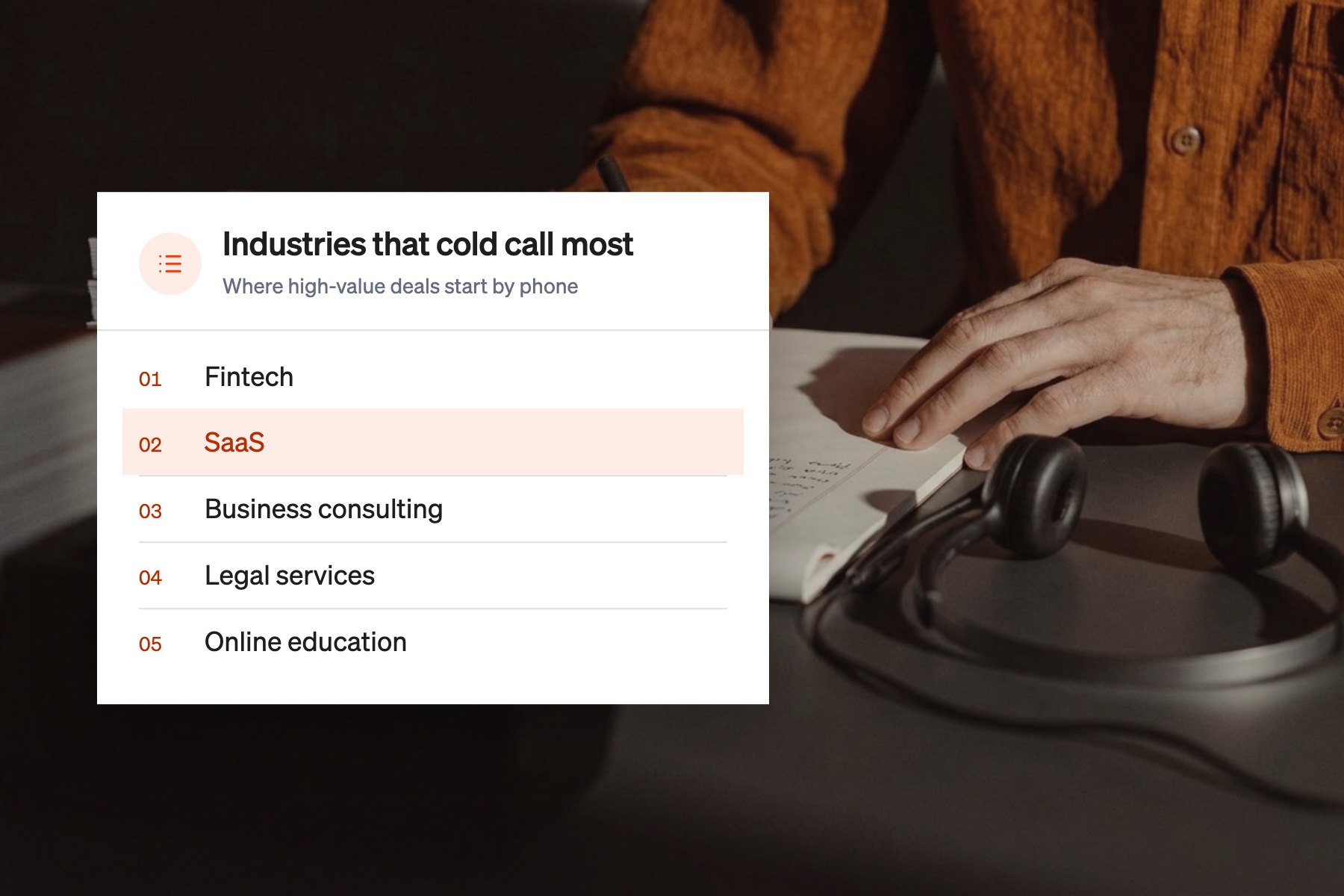 Card listing five industries that use cold calling most, with SaaS highlighted