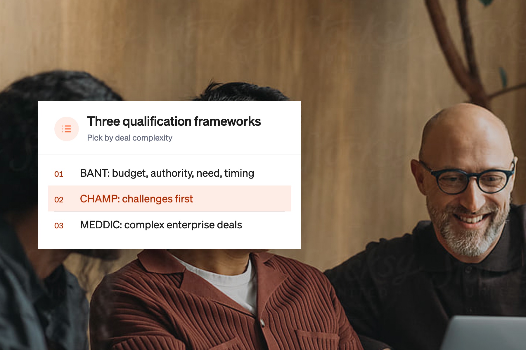 Card listing the BANT, CHAMP and MEDDIC lead qualification frameworks, with CHAMP highlighted