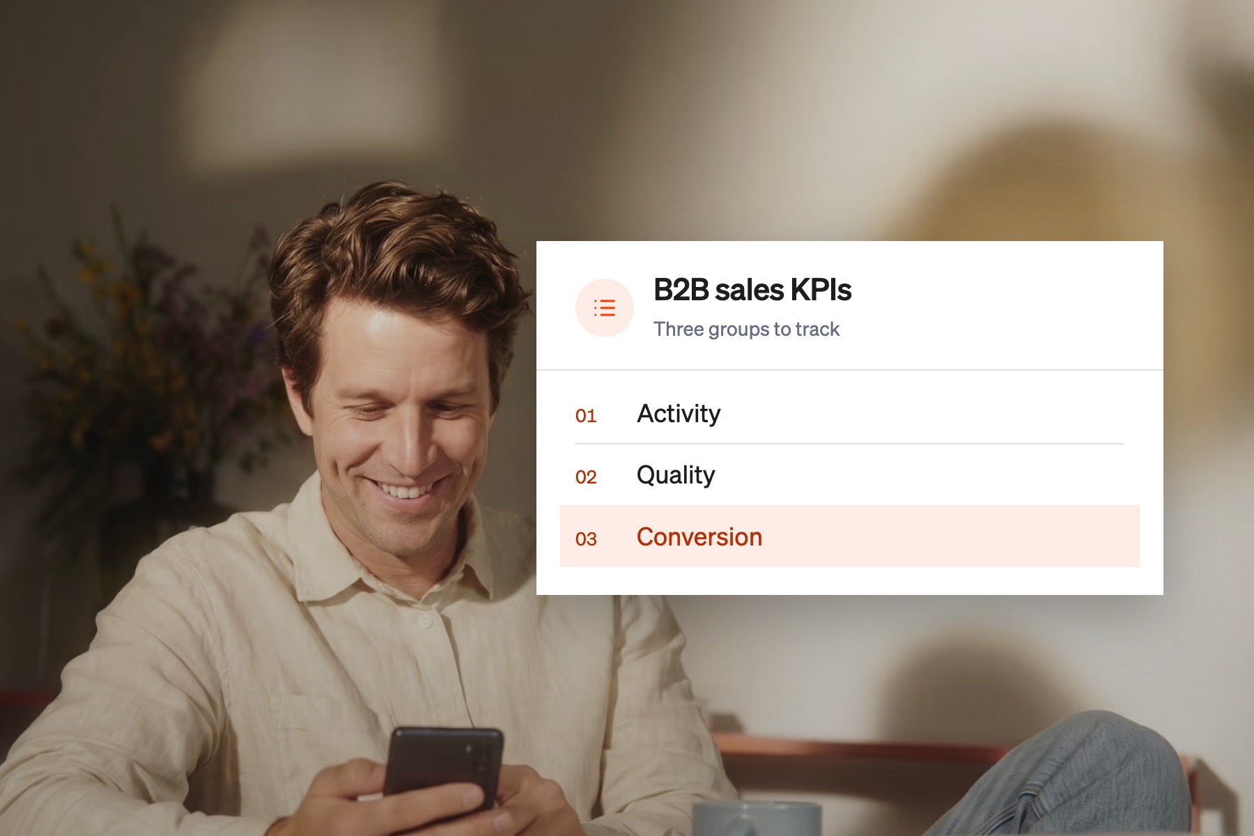 Card listing the three groups of B2B sales KPIs, with conversion highlighted