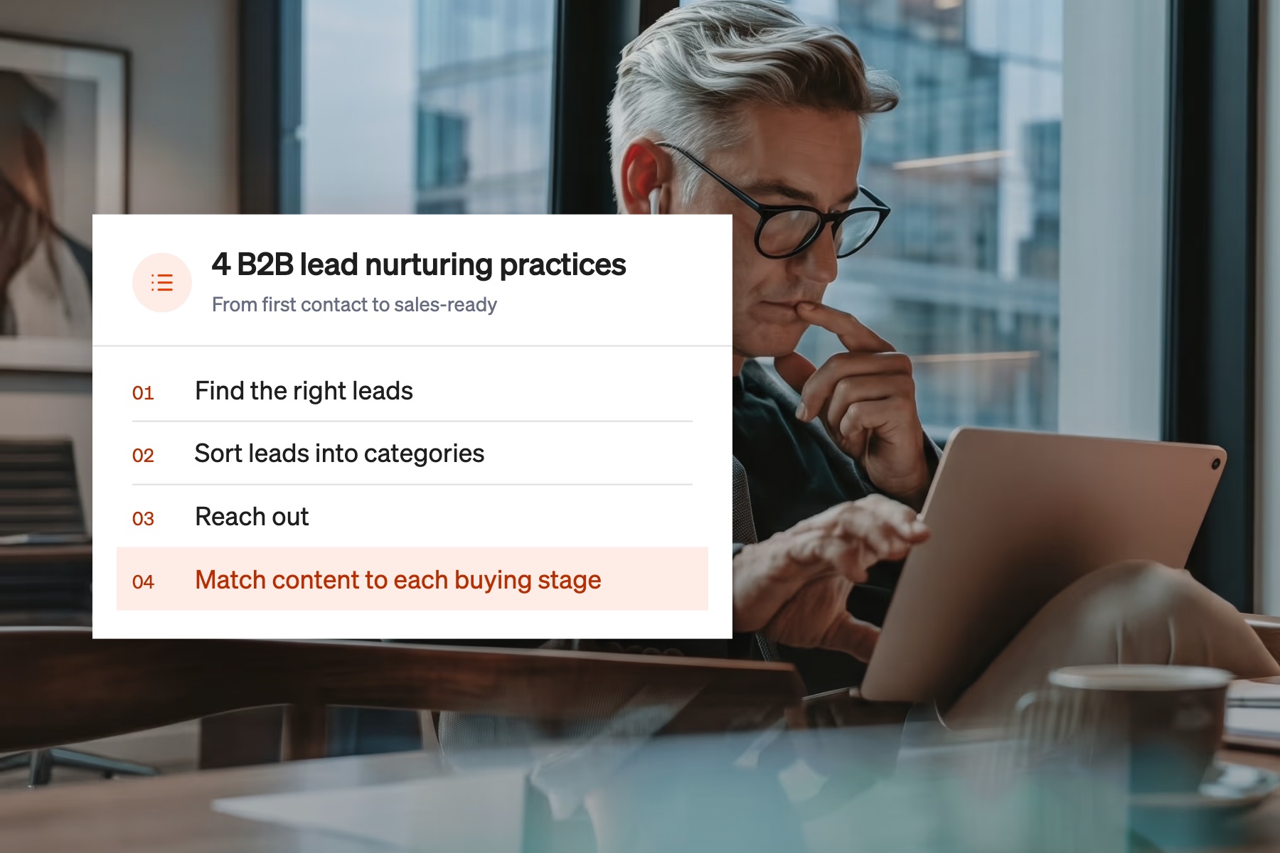 Card listing four B2B lead nurturing best practices, with matching content to each buying stage highlighted