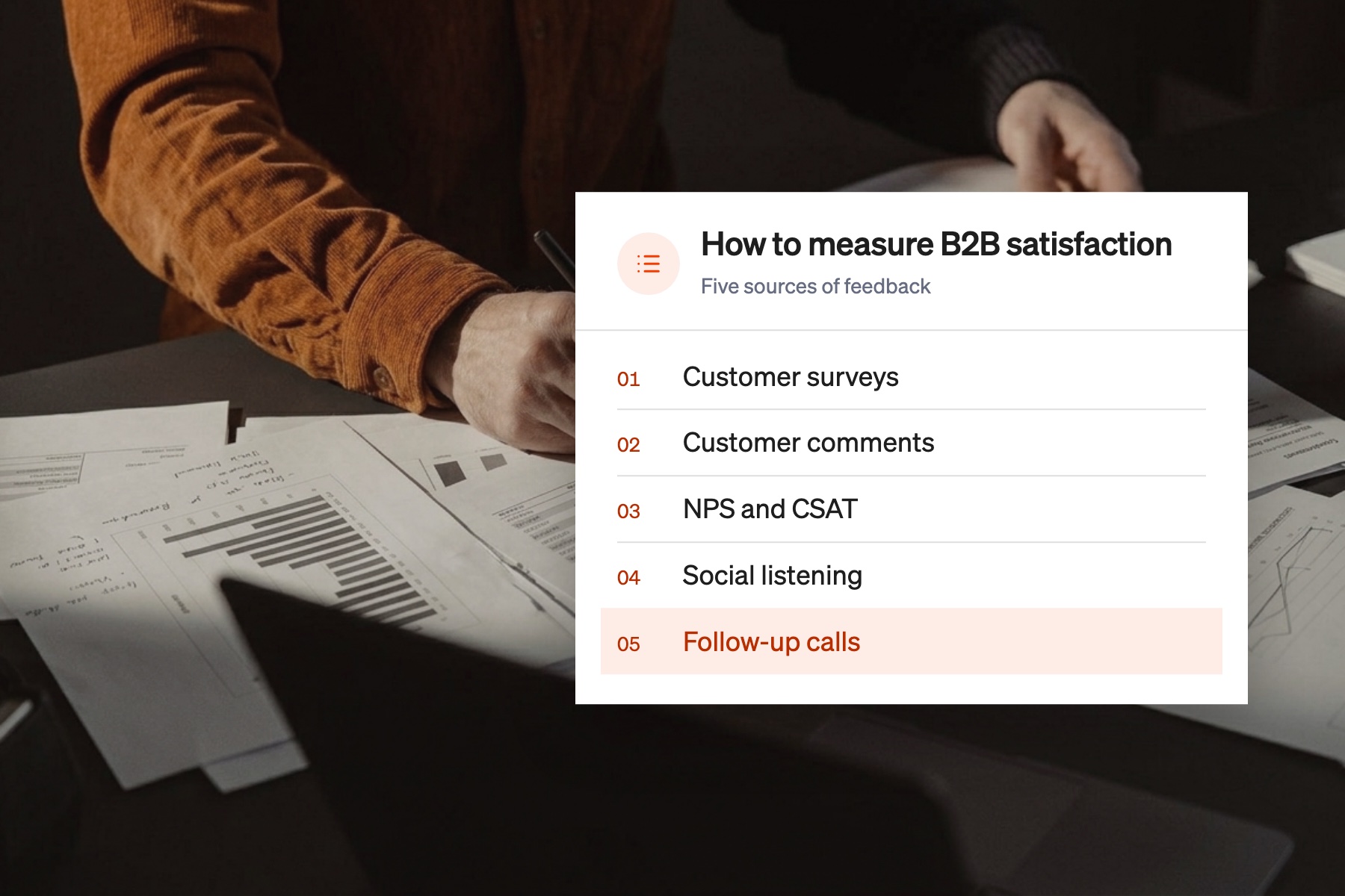 Card listing five ways to measure B2B customer satisfaction, with follow-up calls highlighted