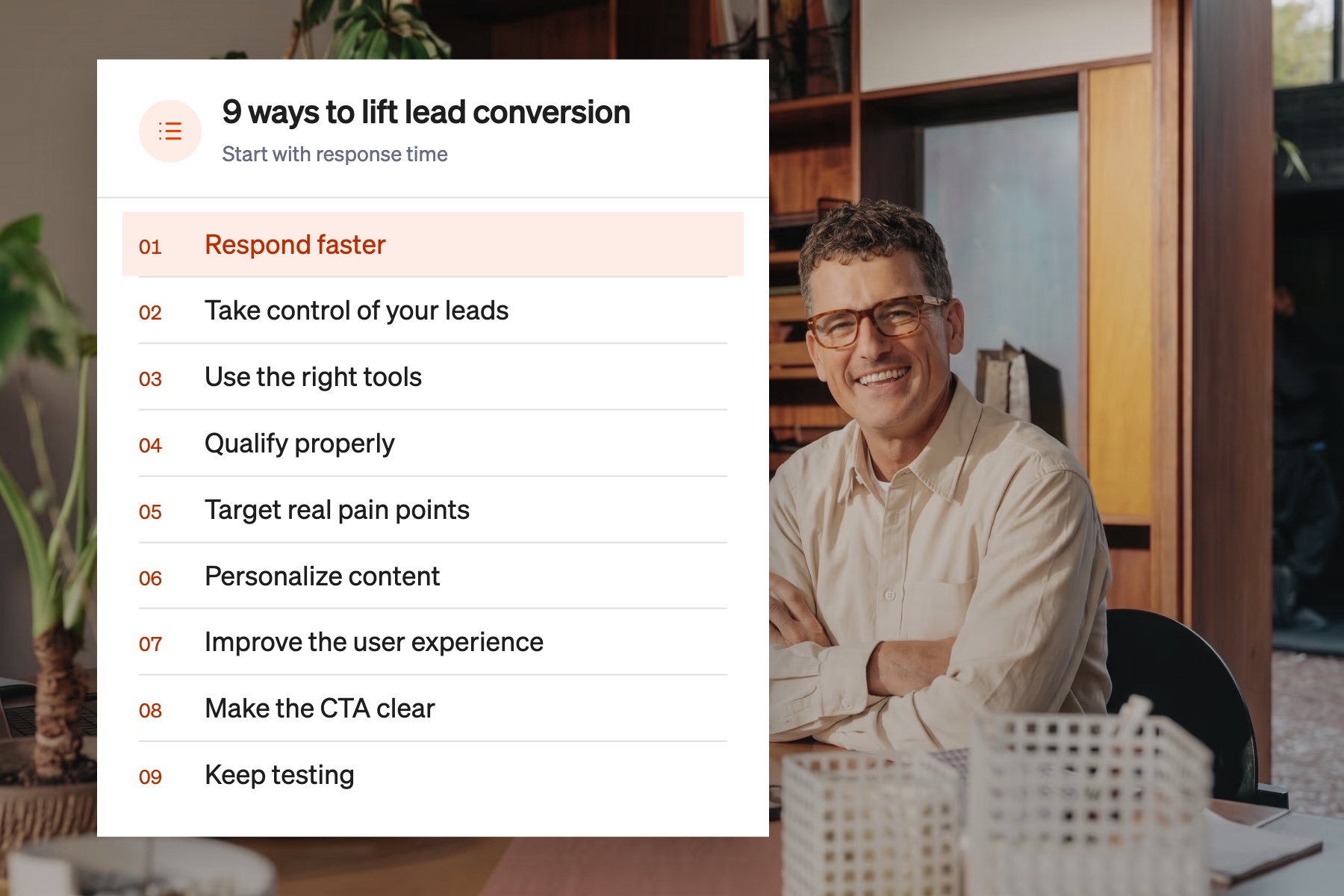 Card listing nine ways to improve B2B lead conversion rate, with responding faster highlighted