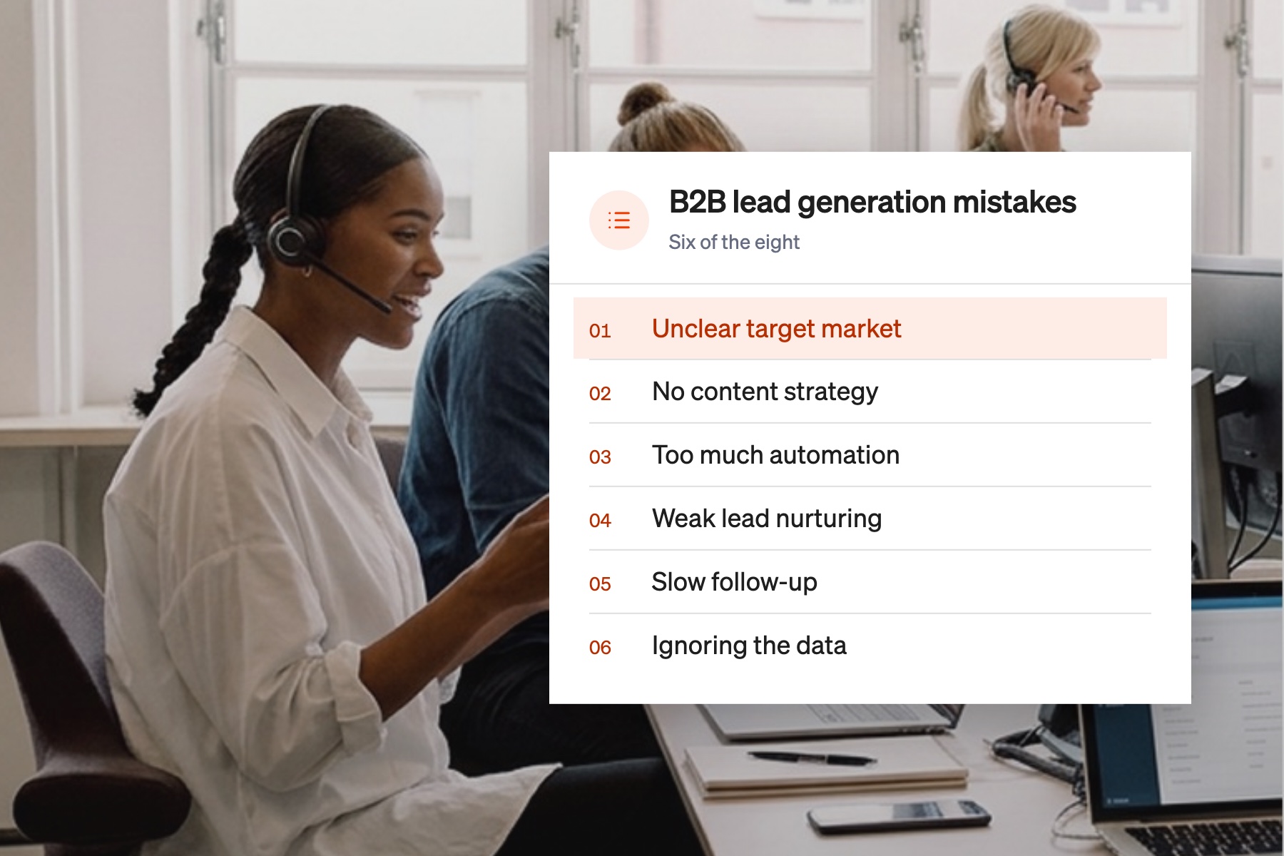 Card listing common B2B lead generation mistakes, with an unclear target market highlighted
