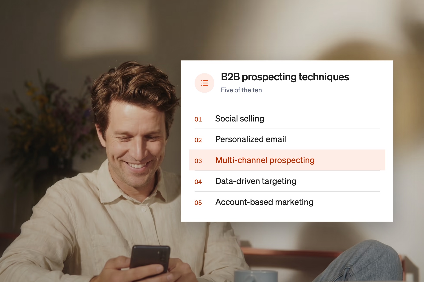 Card listing B2B prospecting techniques, with multi-channel prospecting highlighted