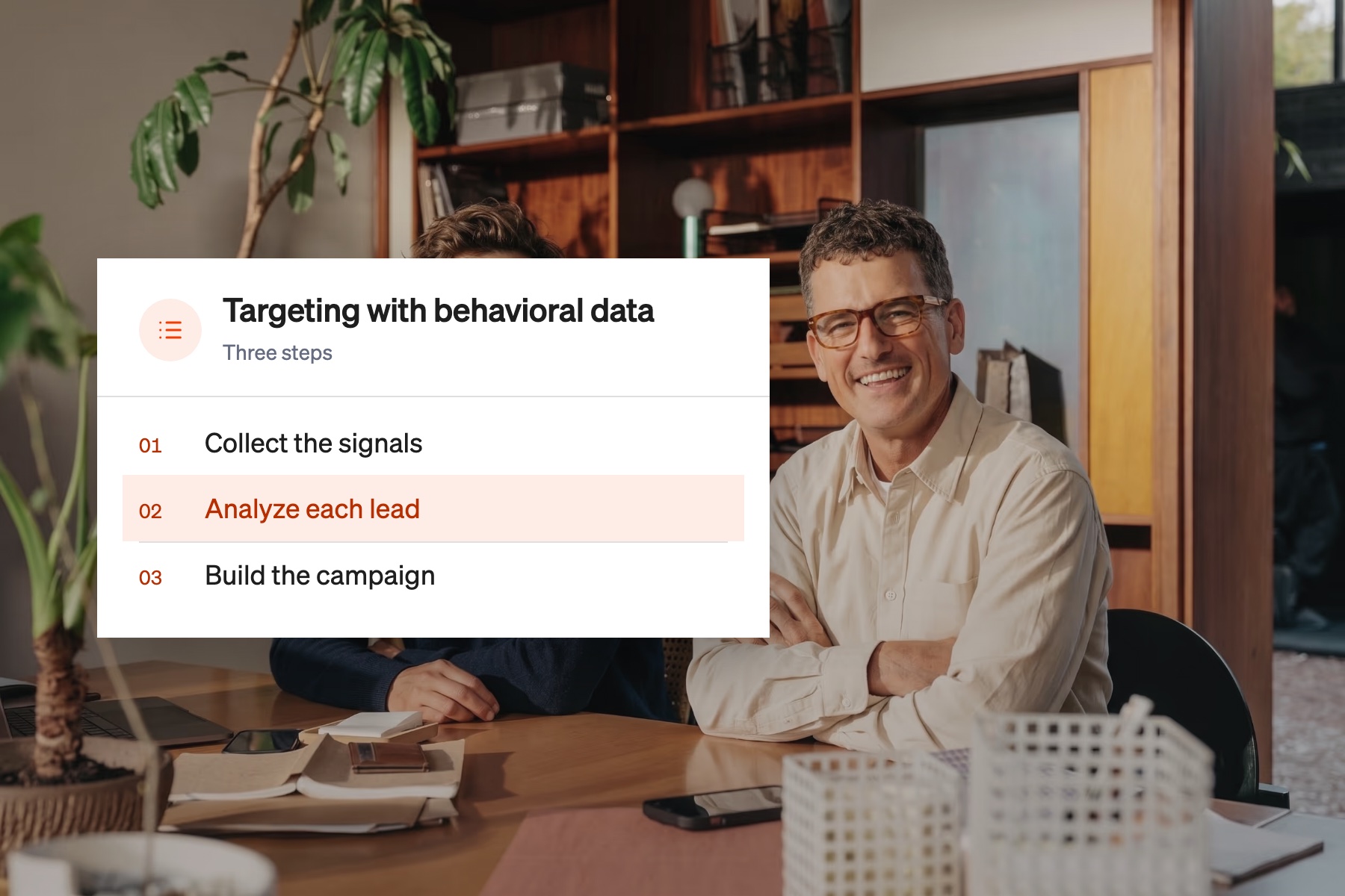 Card listing three steps for using behavioral data in B2B lead targeting, with analyzing each lead highlighted