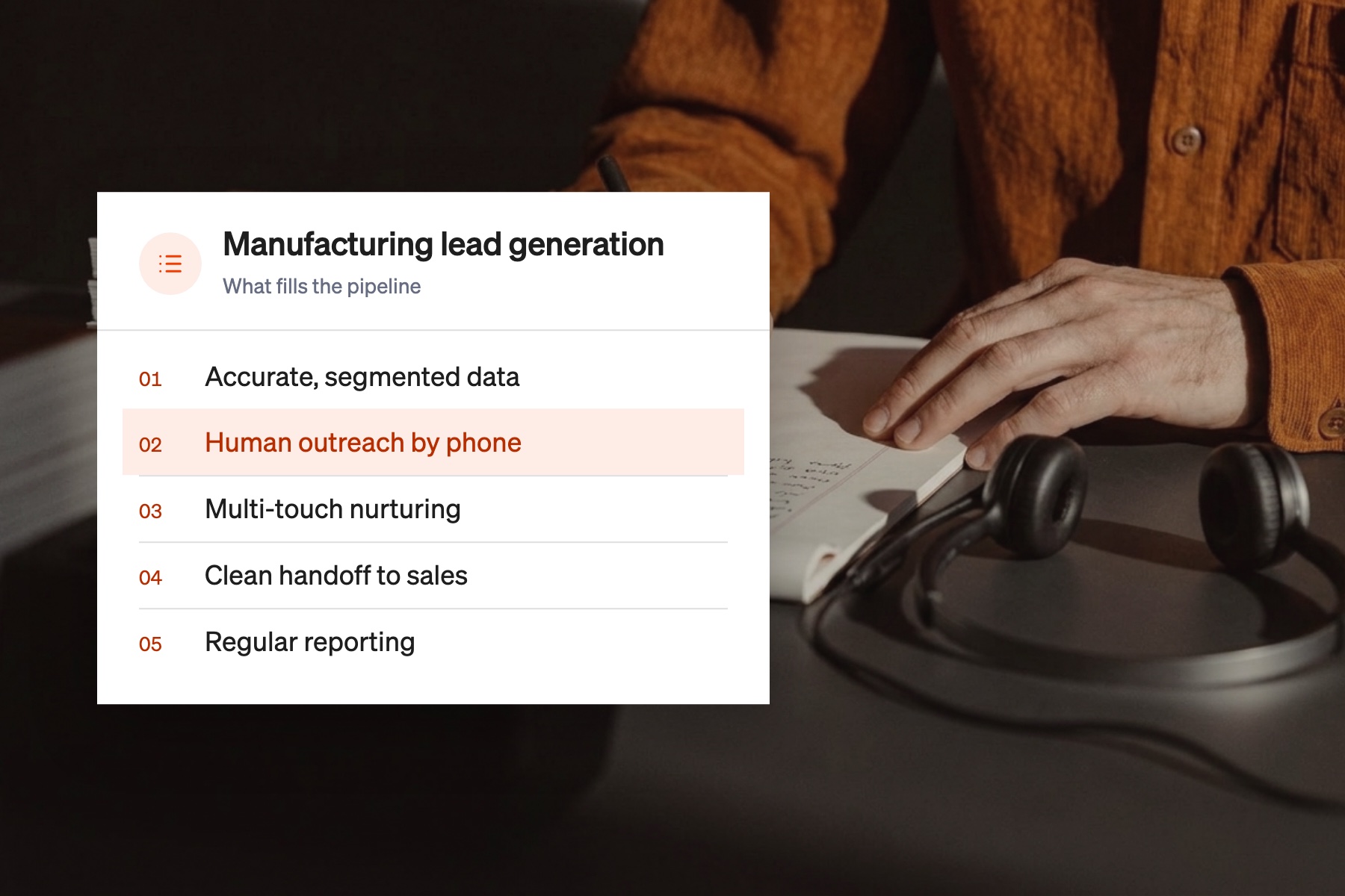 Card listing what drives manufacturing lead generation, with human outreach by phone highlighted