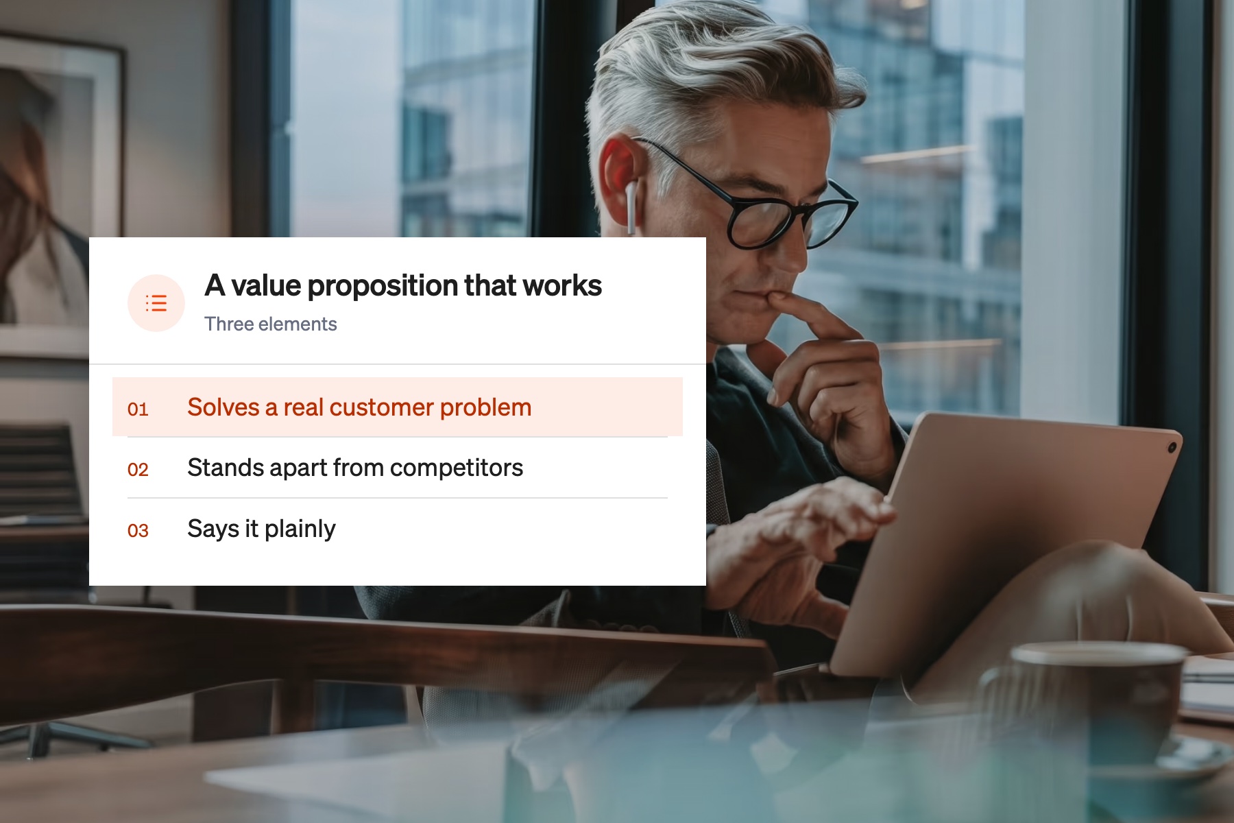 Card listing three elements of a strong value proposition, with solving a real customer problem highlighted
