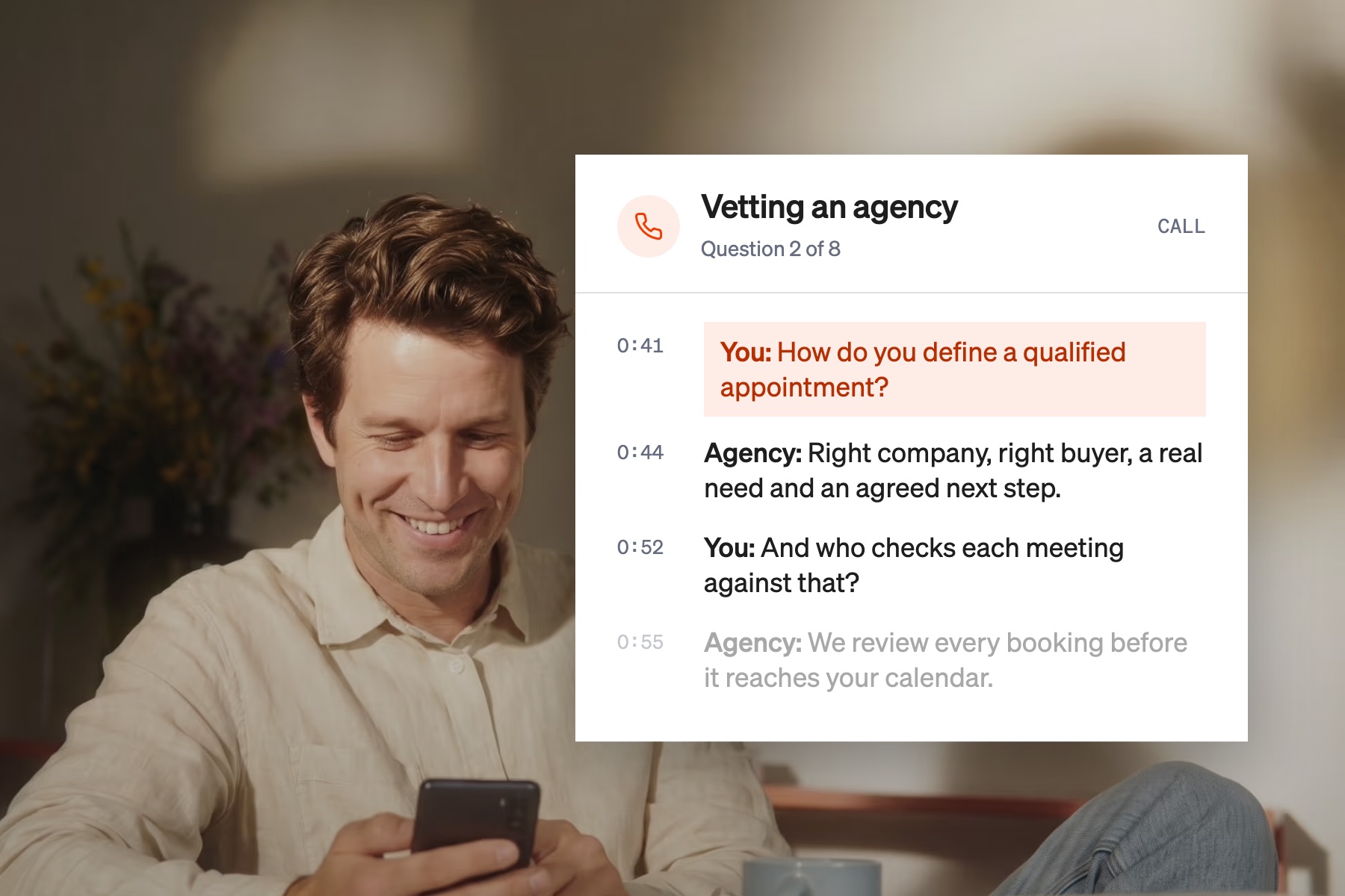Call transcript card showing a buyer asking a lead generation agency how it defines a qualified appointment