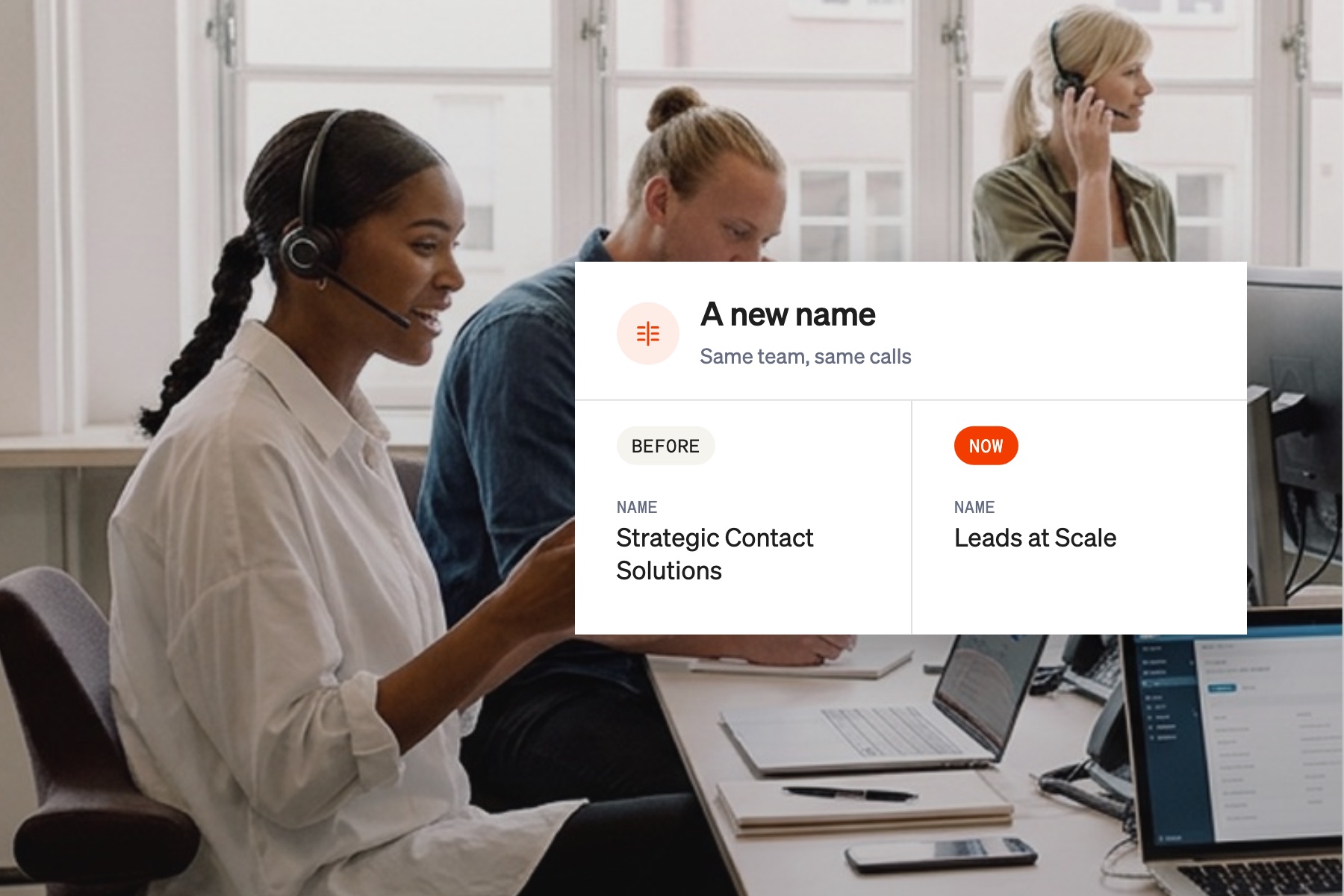 Comparison card showing the company name change from Strategic Contact Solutions to Leads at Scale