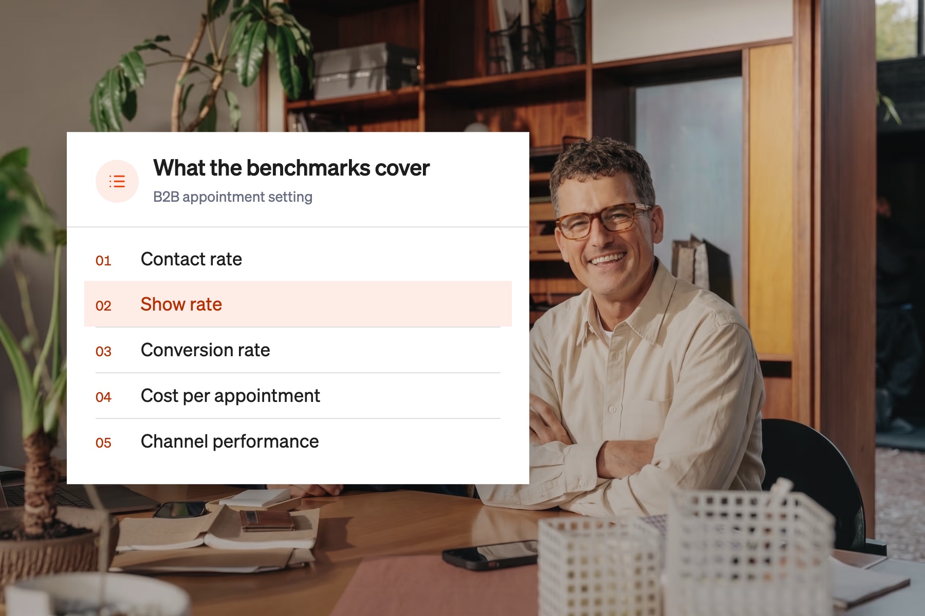 Card listing the B2B appointment setting benchmarks covered in the report, with show rate highlighted