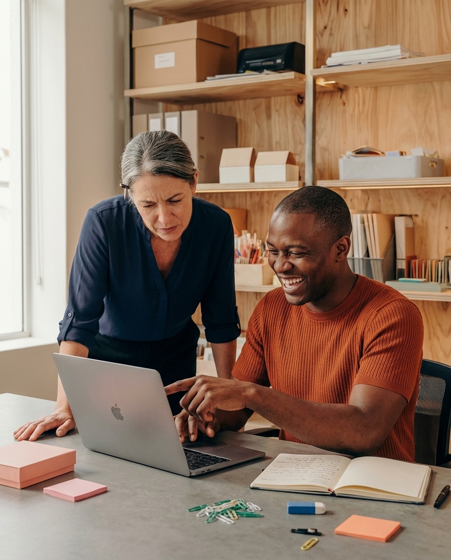 Two colleagues working together on a laptop
