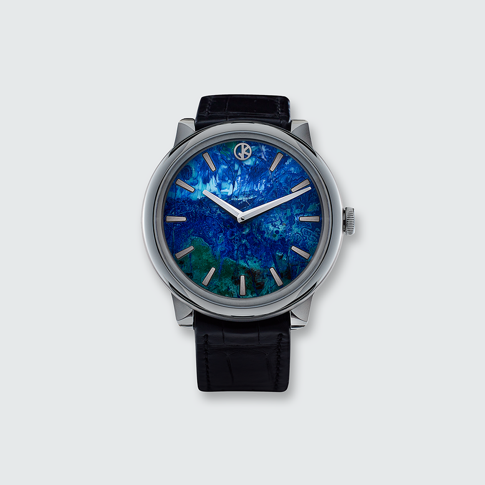 GKO DROP² Azurite Malachite watch, blue and green azurite malachite stone dial, front view on light background