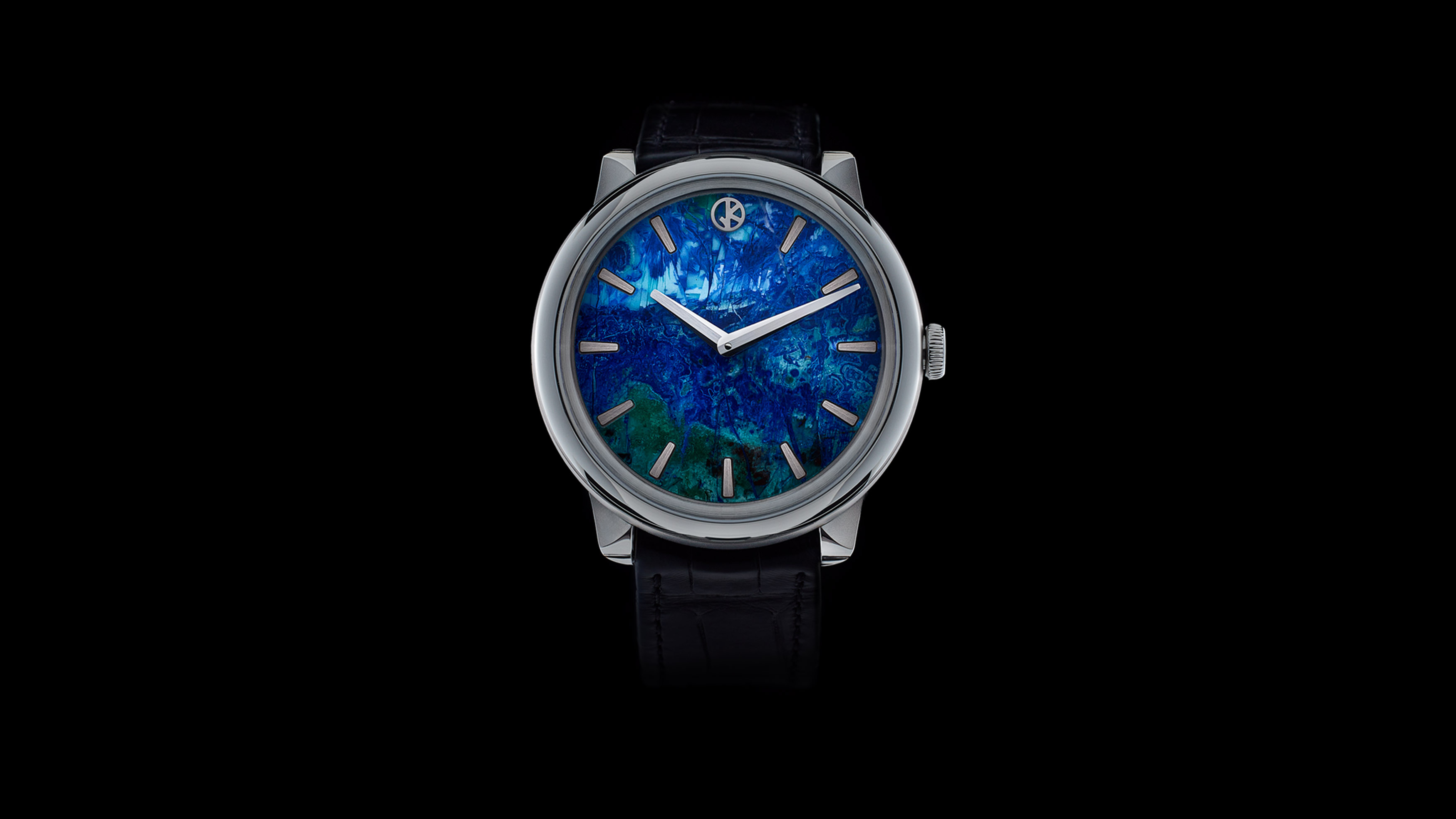 GKO DROP² Azurite Malachite, Zifferblatt aus blau-grünem Azurit-Malachit, Frontansicht