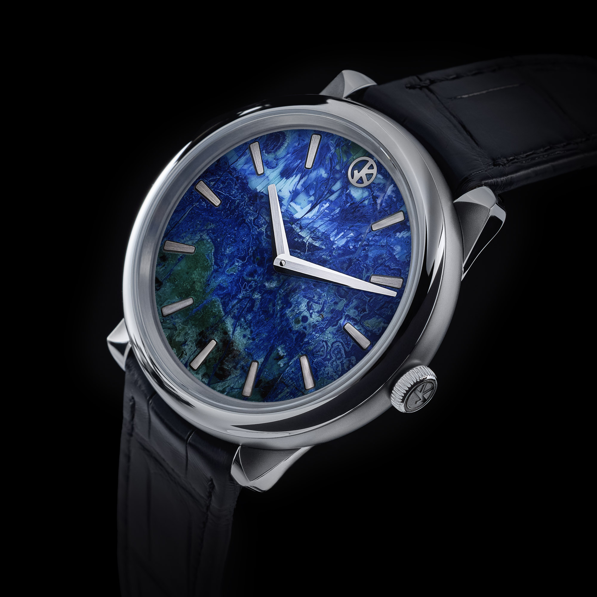 GKO DROP² Azurite Malachite, Schrägansicht mit der blau-grünen Maserung des Steins