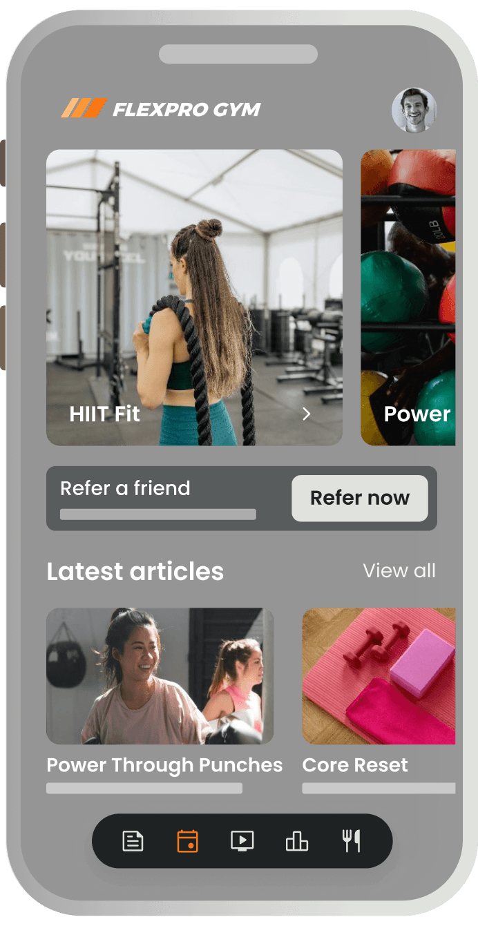 FlexPro Gym mobile app phone graphic.