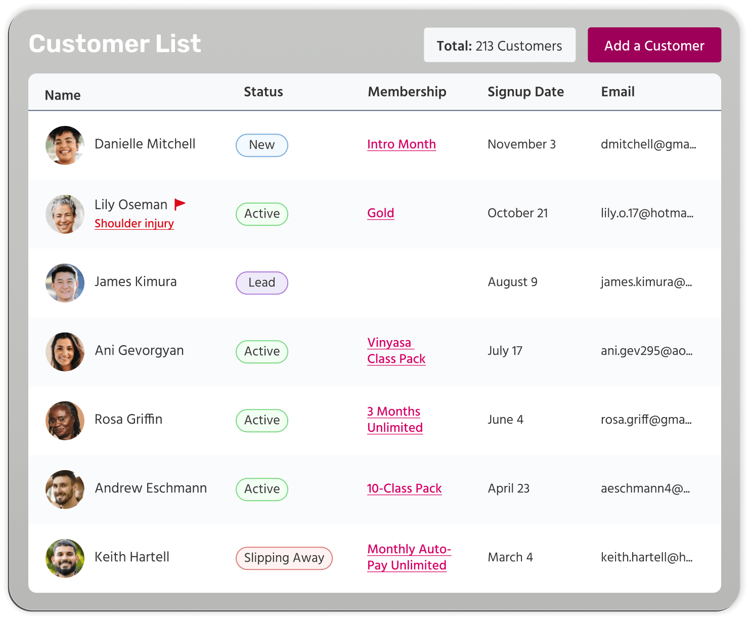 Yoga customer list interface graphic.