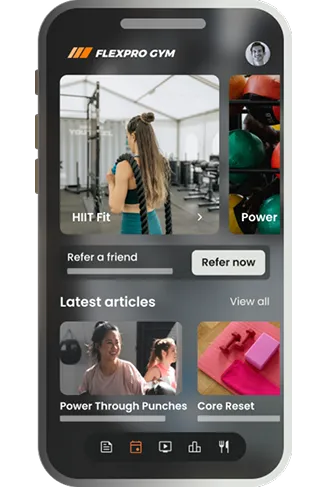 Smartphone showing the FlexPro Gym mobile app with HIIT Fit and Power classes, refer-a-friend banner, and latest articles.