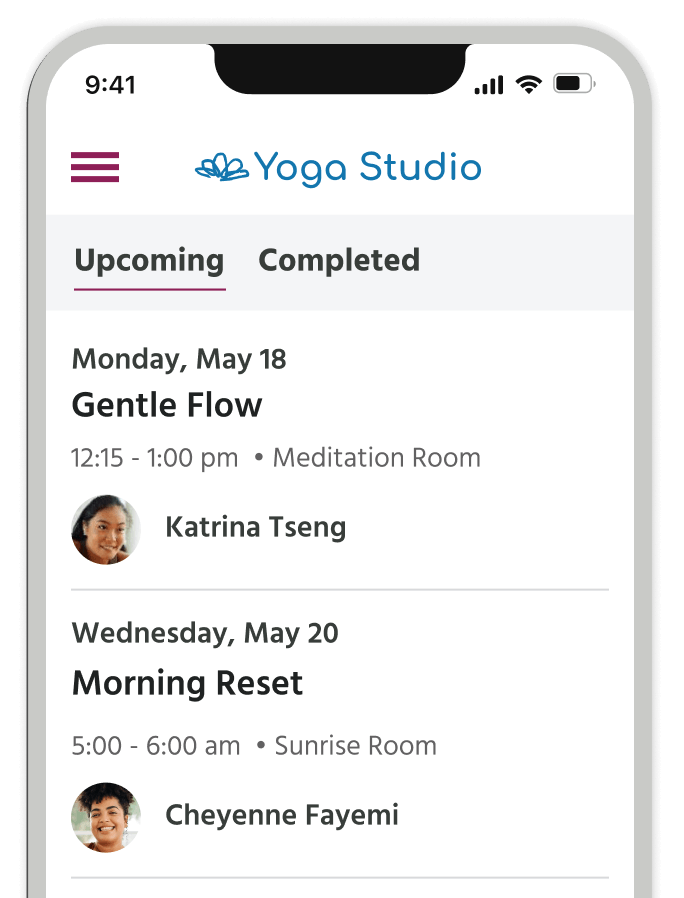 Phone screen showing a fitness business' activity listings powered by TeamUp