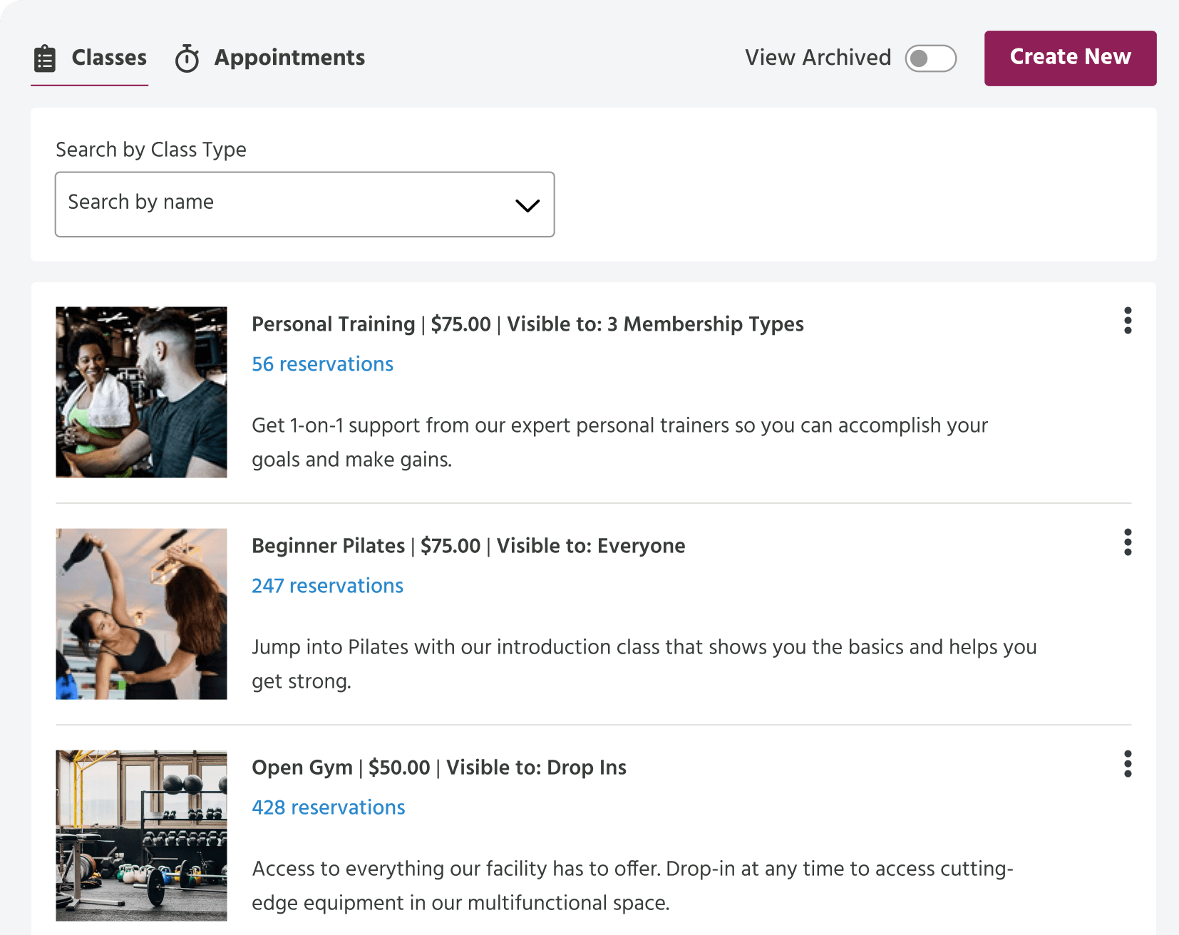 Activity listing screen that shows a list of classes along with their prices, reservations, and whether it's tied to specific memberships.