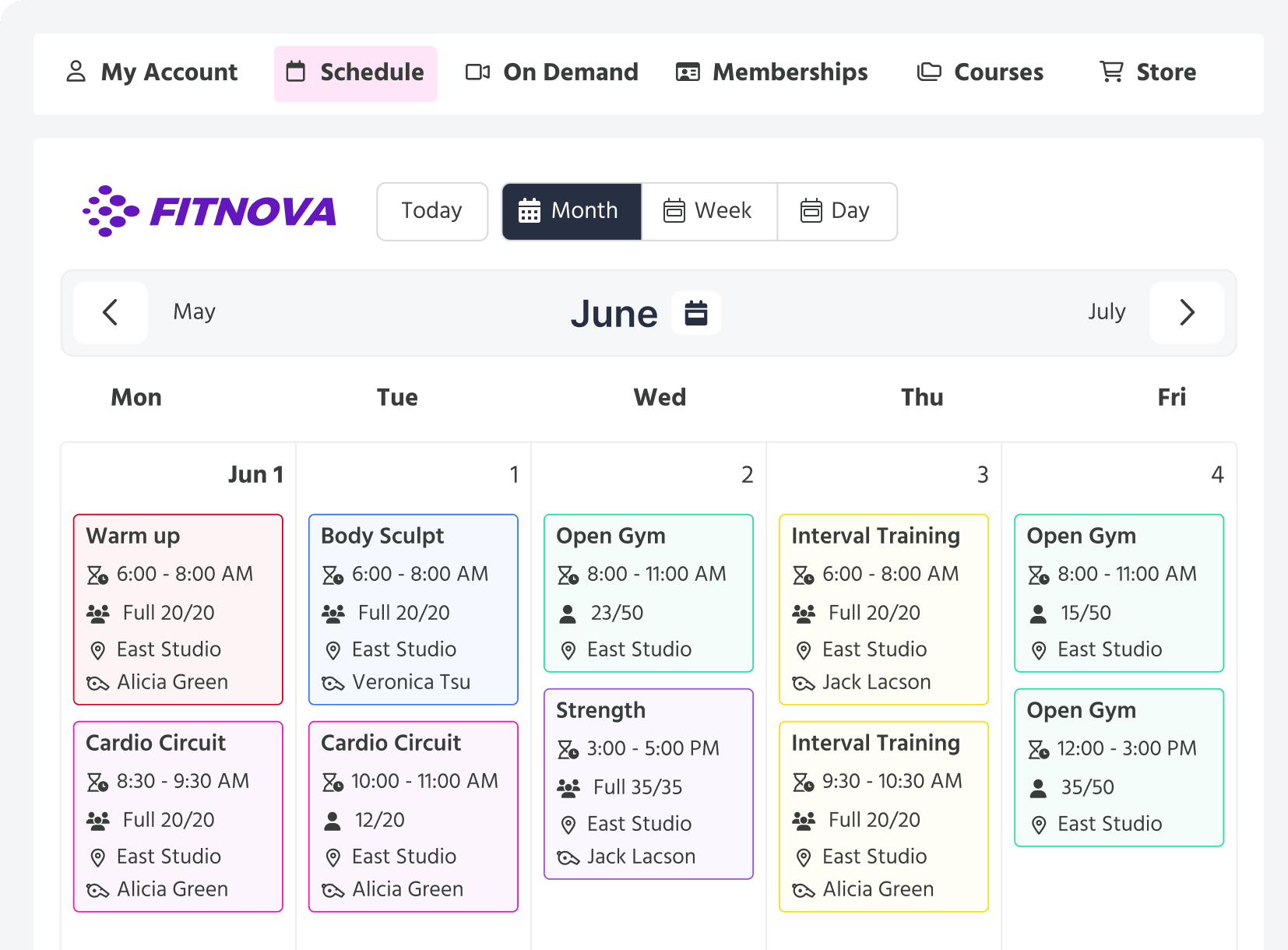 Online booking screen that shows a class schedule for a fitness business