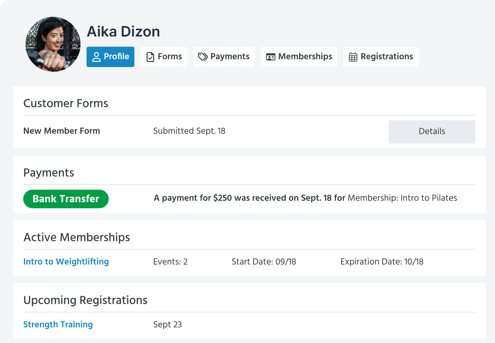 Screen showing a customer profile with details around payments, memberships, and upcoming registrations