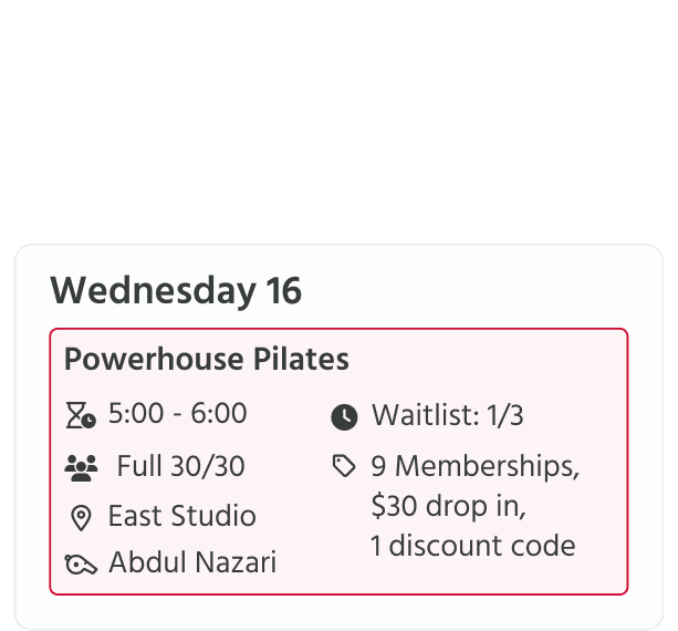 Screen showing a calendar with stats about an upcoming pilates class