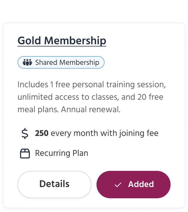Screen showing a membership with details on recurring billing, benefits, and pricing