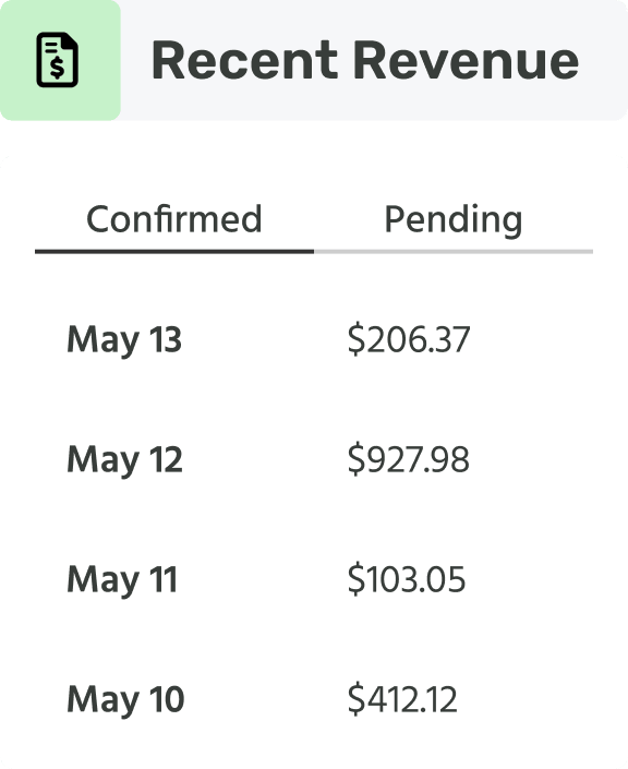 Recent revenue table showing incoming confirmed and pending payments