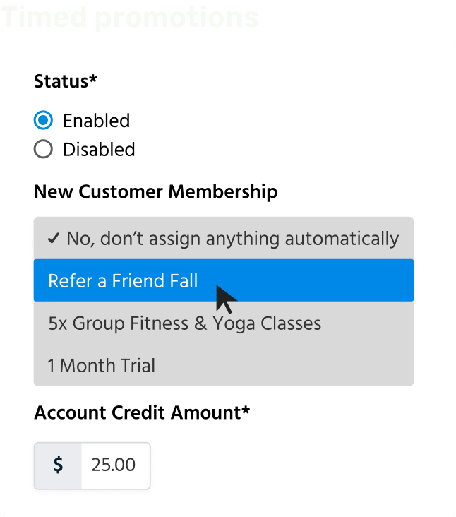 A screen showing referral settings for credits and new customer memberships