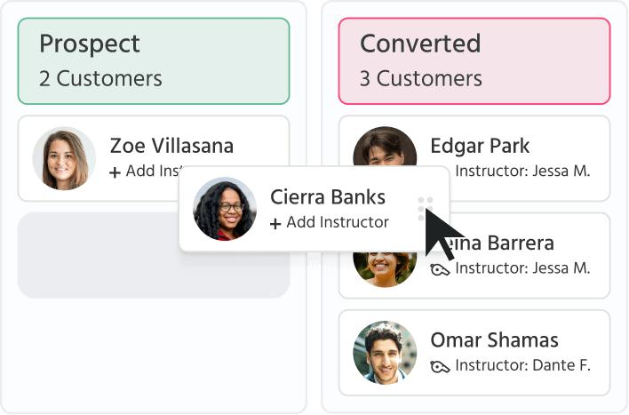 Screenshot showing a TeamUp CRM user moving a customer from the Prospect to the Converted status