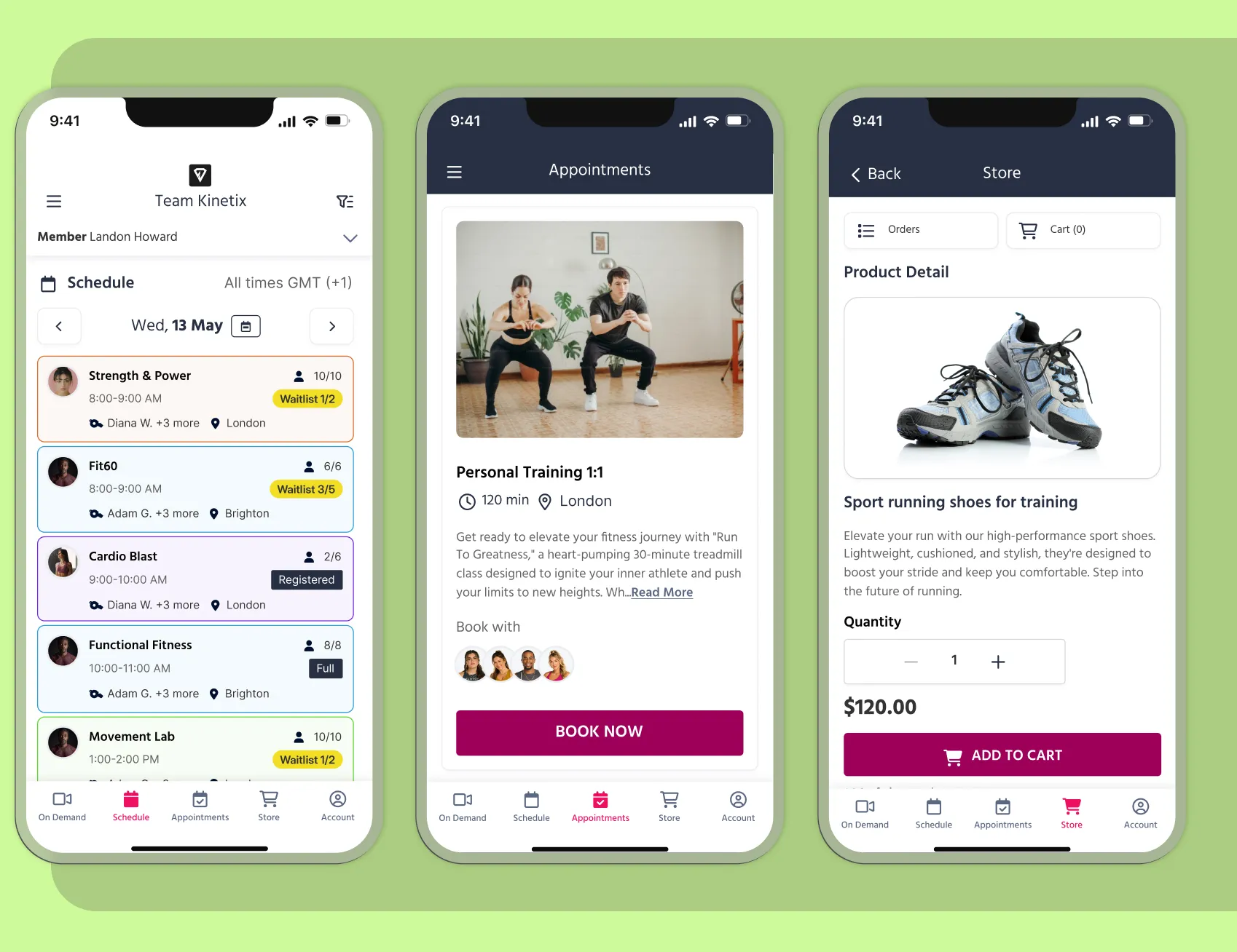 Screens of the TeamUp Member Booking App