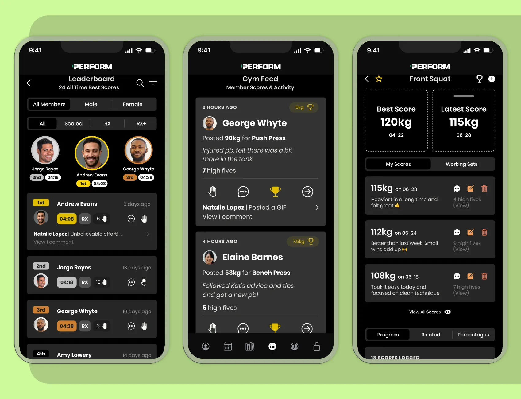 Screens from the TeamUp Perform member app