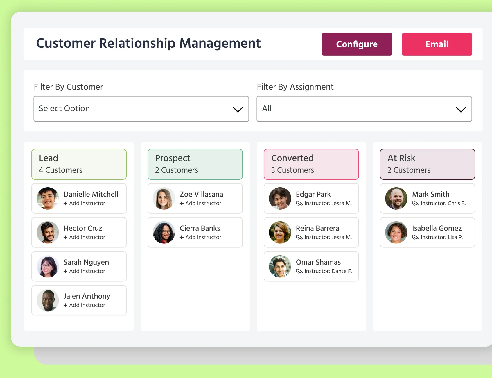 The TeamUp CRM in action showing customers and their lifecycle stages