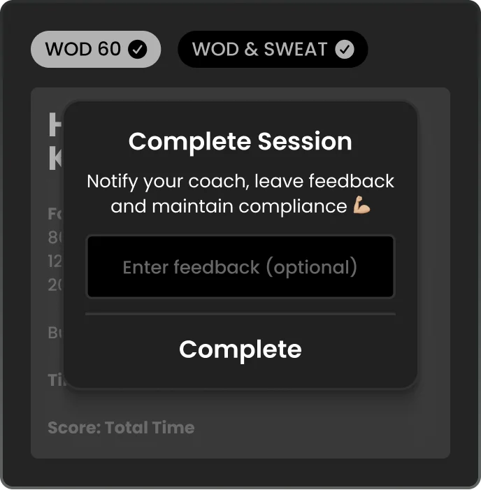 Showing a customer marking a workout complete with the option to leave feedback for their coach