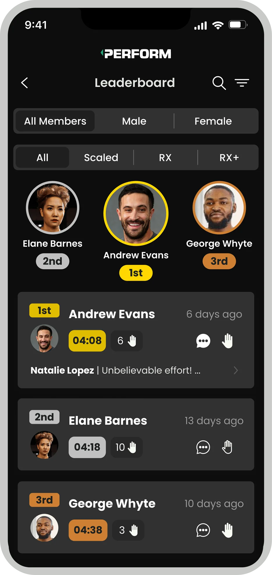 The TeamUp Perform app showing a workout leaderboard