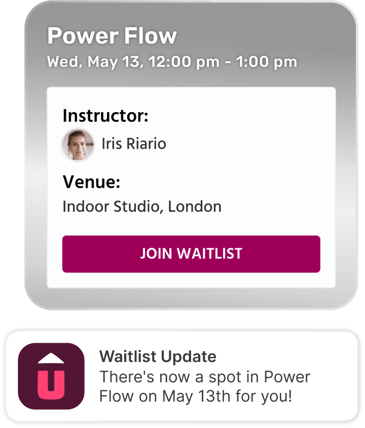 An activity with a call to action to join the waitlist alongside a mobile push notification letting someone know their spot on the waitlist has opened up.