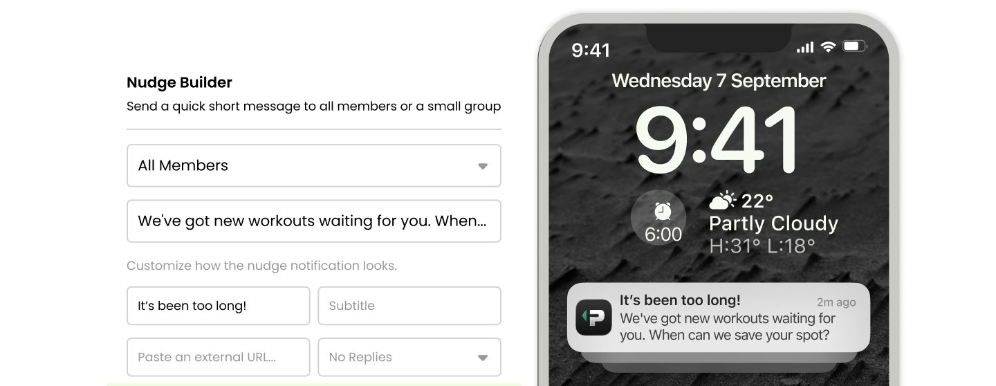 The nudge builder in TeamUp Perform, and the push notification it sends to a member's phone